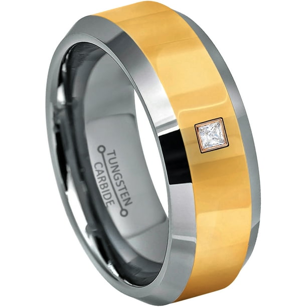 Tungsten Wedding Ring Princess Cut Canary Diamond Ring Mens Tungsten Ring Tungsten Wedding Band Birthstone Tungsten Ring Comfort Fit 8mm